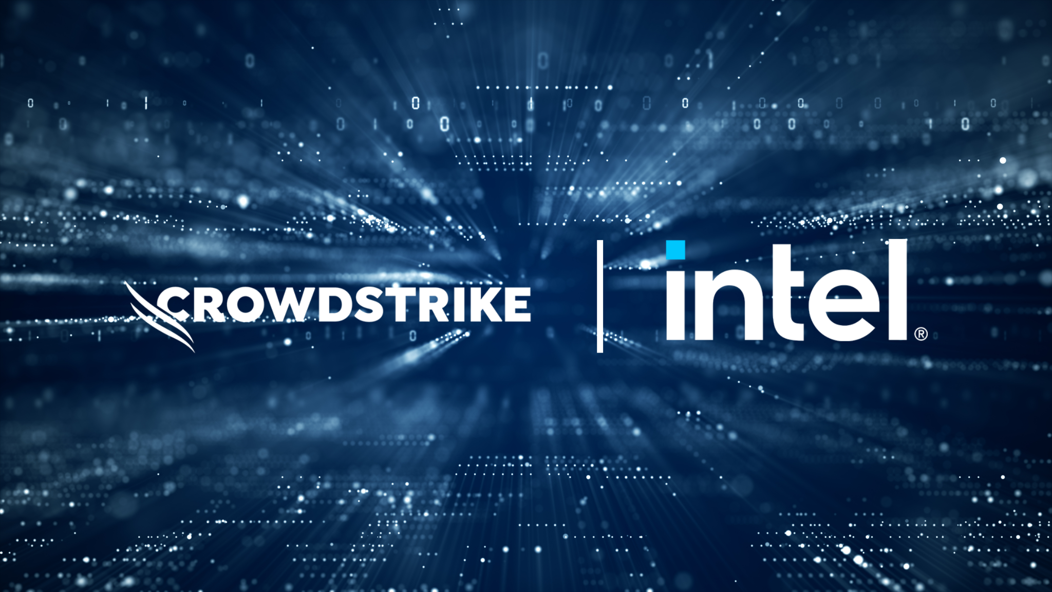 Intel and CrowdStrike collaboration graphic showing AI PC with shield icon and threat detection waves