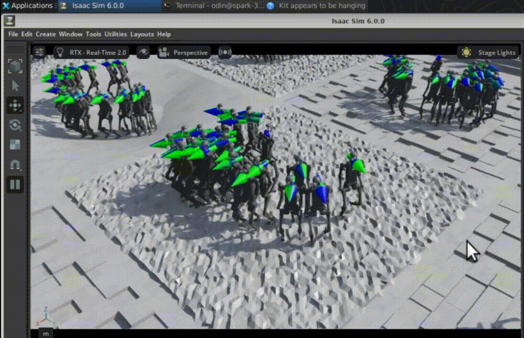 Unitree H1 humanoid robot walking rough terrain in Isaac Sim on NVIDIA DGX Spark