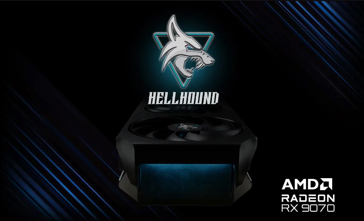 A close-up shot of the PowerColor Hellhound RX 9070 graphics card, highlighting its cooling shroud and branding.