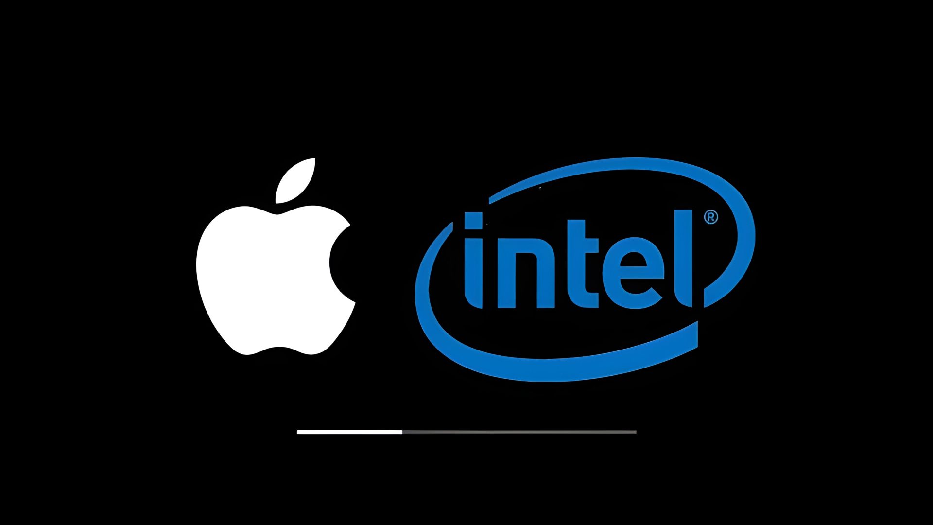 Apple logo next to Intel logo, with circuit board patterns in the background.