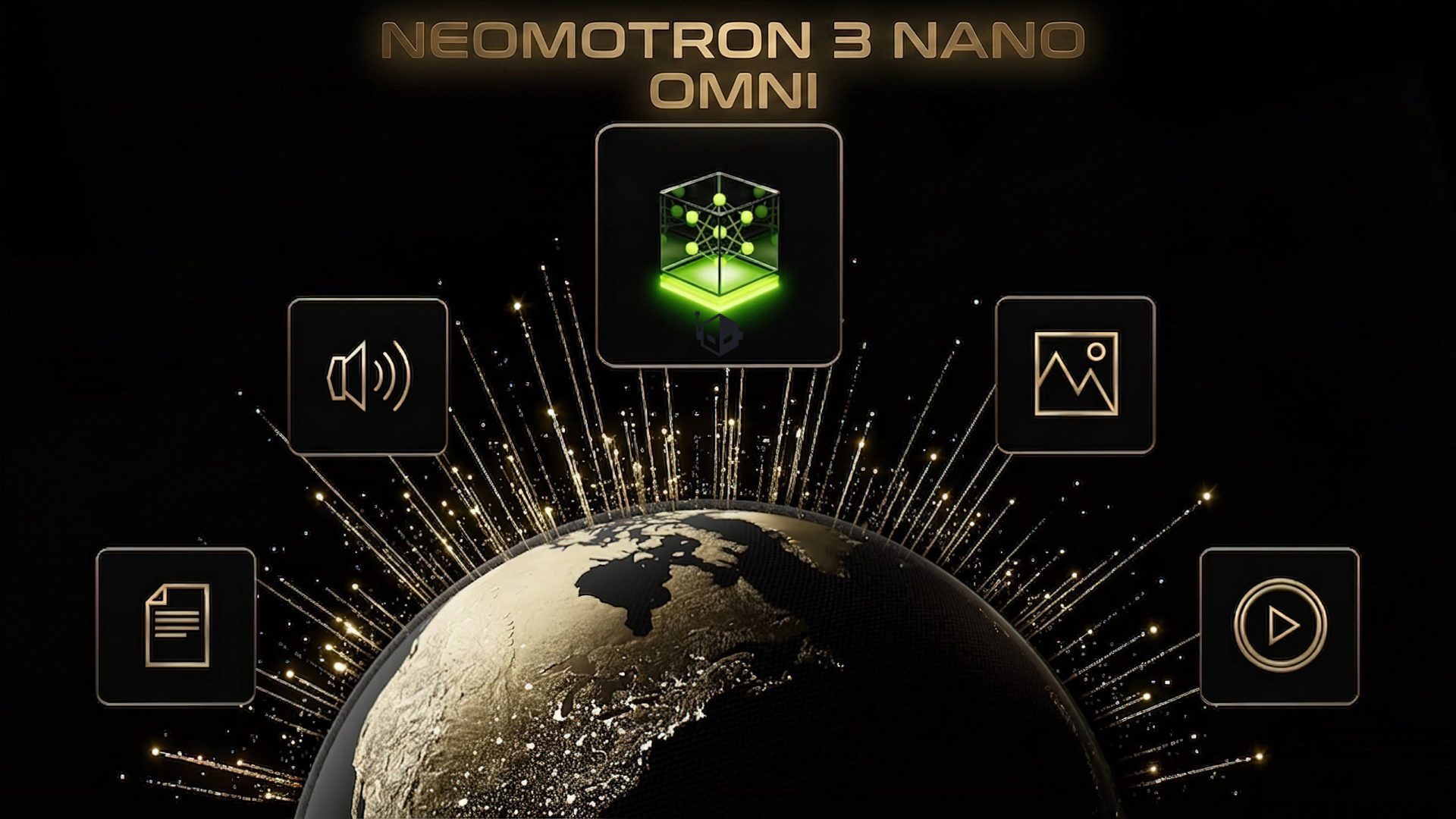 NVIDIA Nemotron 3 Nano Omni chip architecture diagram with interconnected data streams representing multimodal inputs.