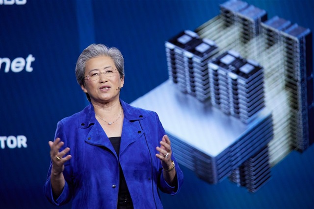 Close-up of an AMD CPU with abstract AI graphics overlayed
