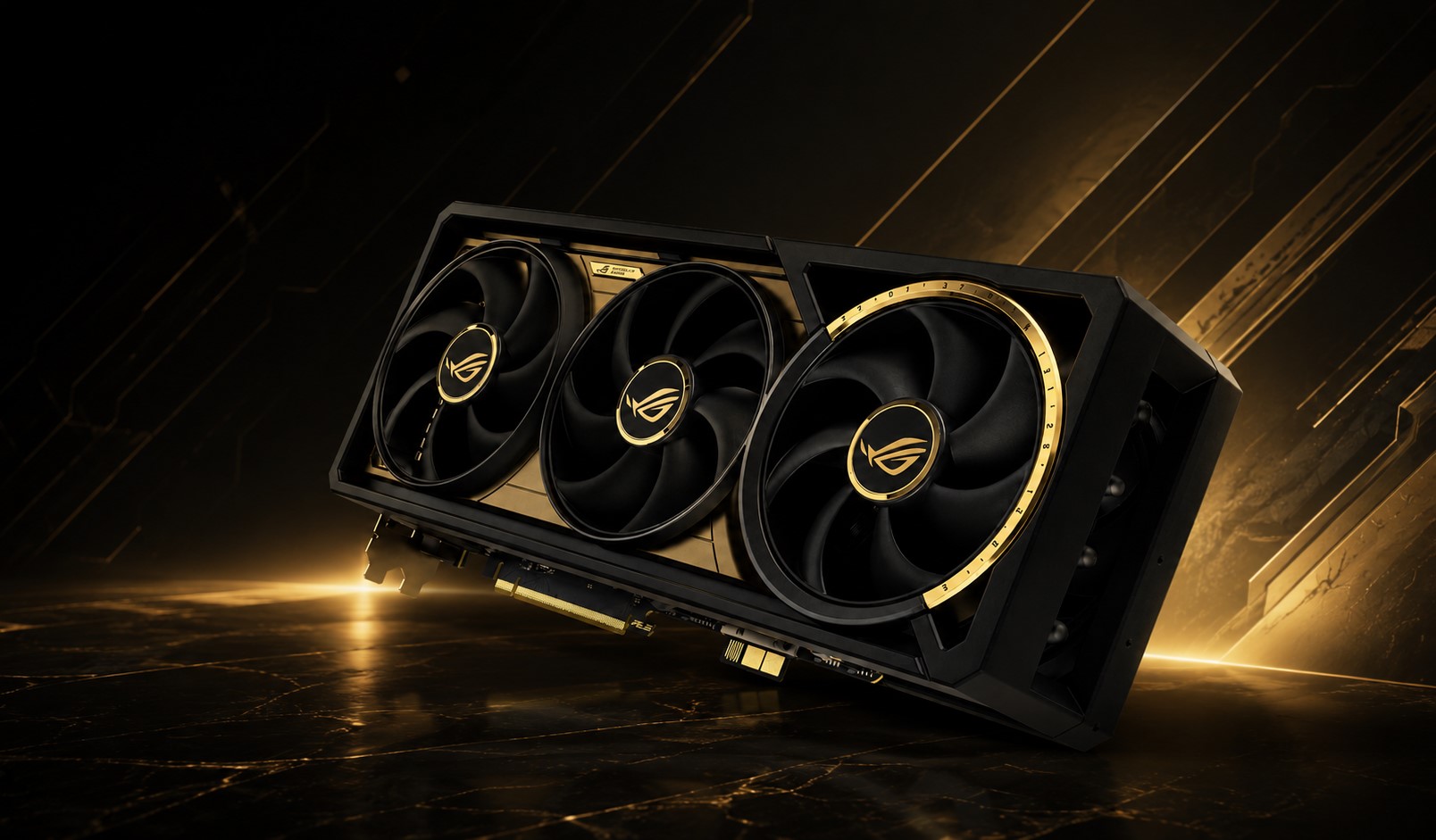 Close-up of a graphics card with gold and black accents, part of the ASUS ROG 20th Anniversary collection.
