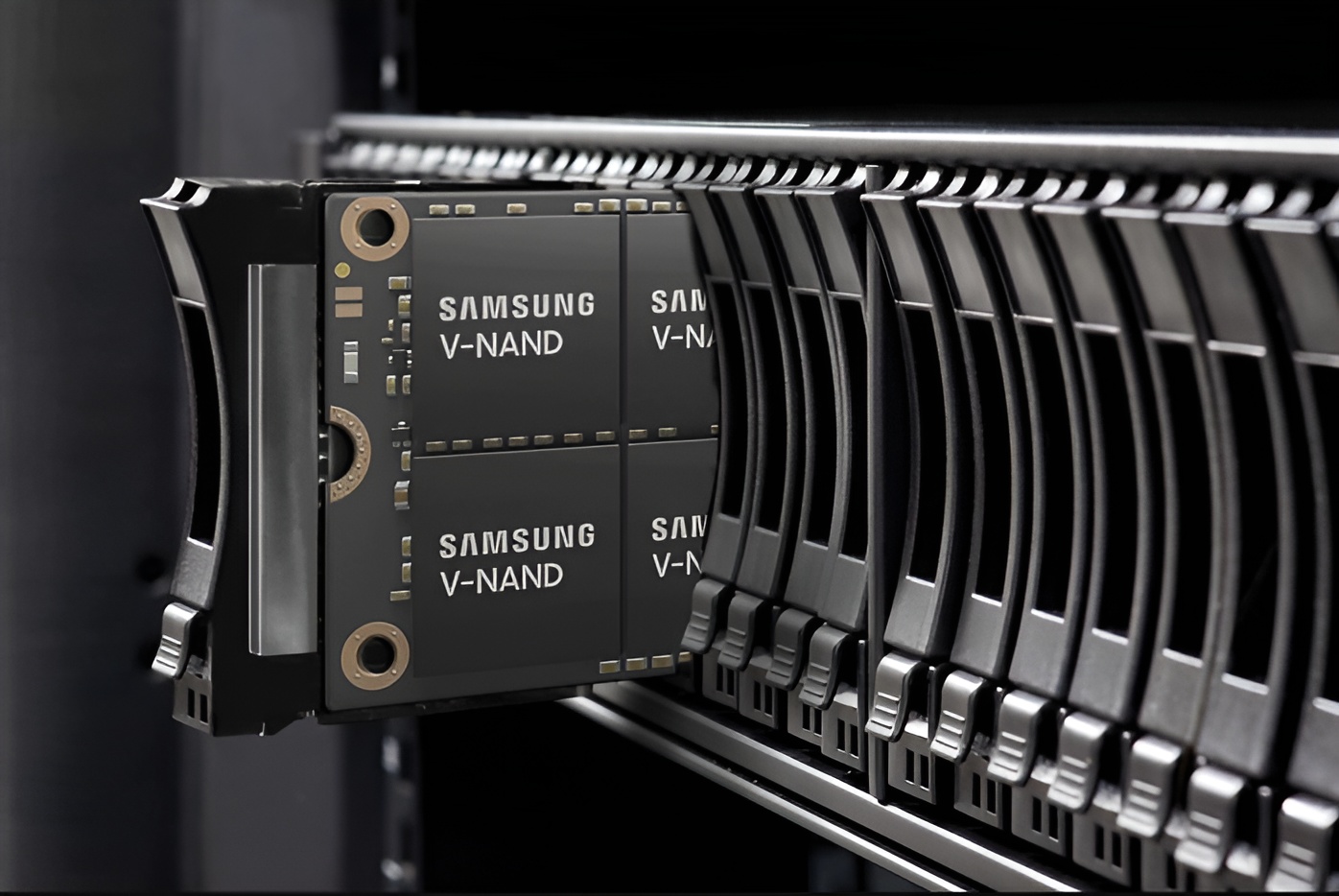 Conceptual illustration of a multi-layered V-NAND chip with a futuristic, stacked design, representing extreme data density.