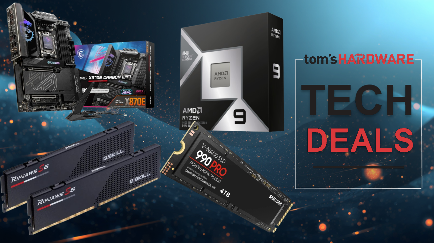 Image of the AMD Ryzen 9 9950X3D2 processor and other PC components from the Newegg bundle.