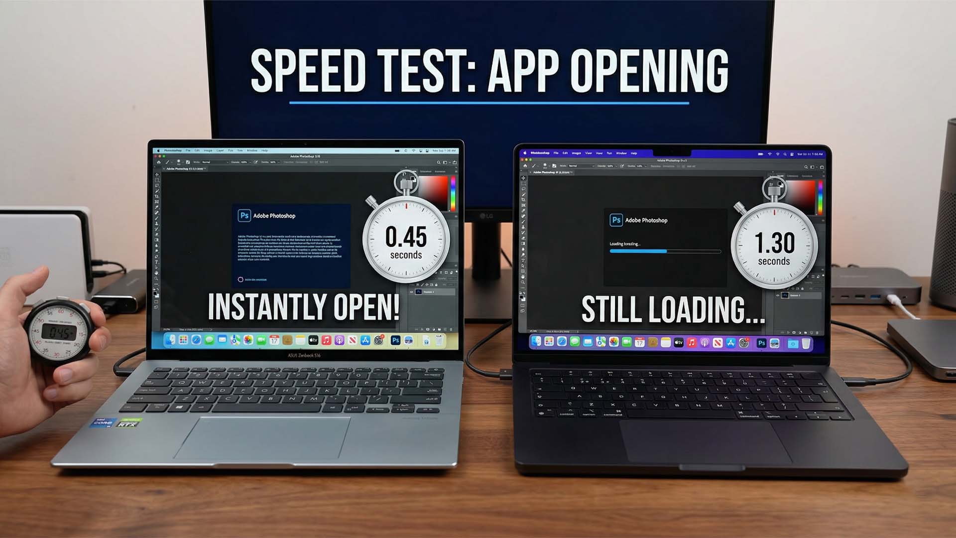 Side-by-side speed test chart: ASUS Zenbook S16 vs M3 Pro MacBook Pro app launch times