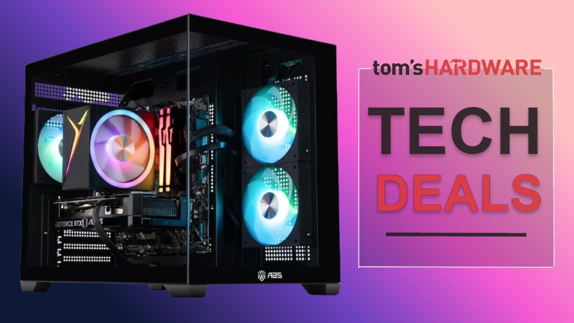 A prebuilt ABS Flux II Aqua gaming PC with its side panel removed, showcasing the RTX 5060 Ti graphics card and internal components.