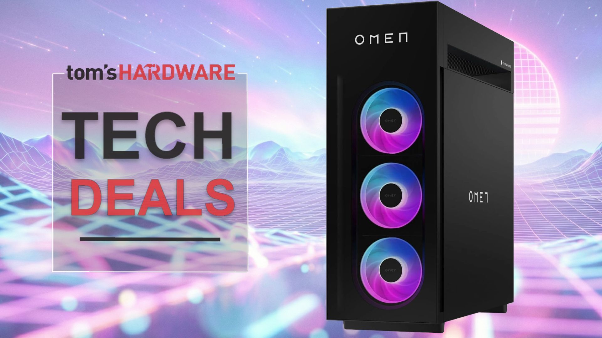 HP Omen 45L gaming desktop with RTX 5090 GPU, showing a black chassis with RGB lighting and the 'cryo chamber' design.