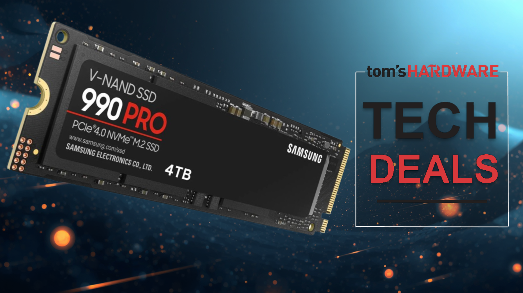 A sleek 2TB Samsung 990 Pro M.2 NVMe SSD with a futuristic design, highlighting its speed and advanced technology.