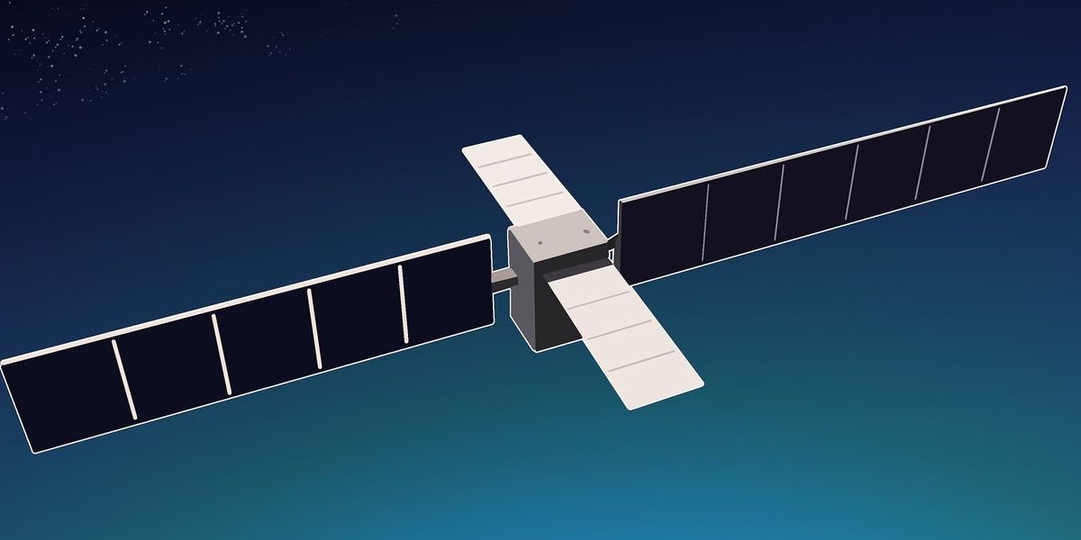 Conceptual illustration of a satellite equipped with large solar panels and cooling radiators, orbiting Earth.
