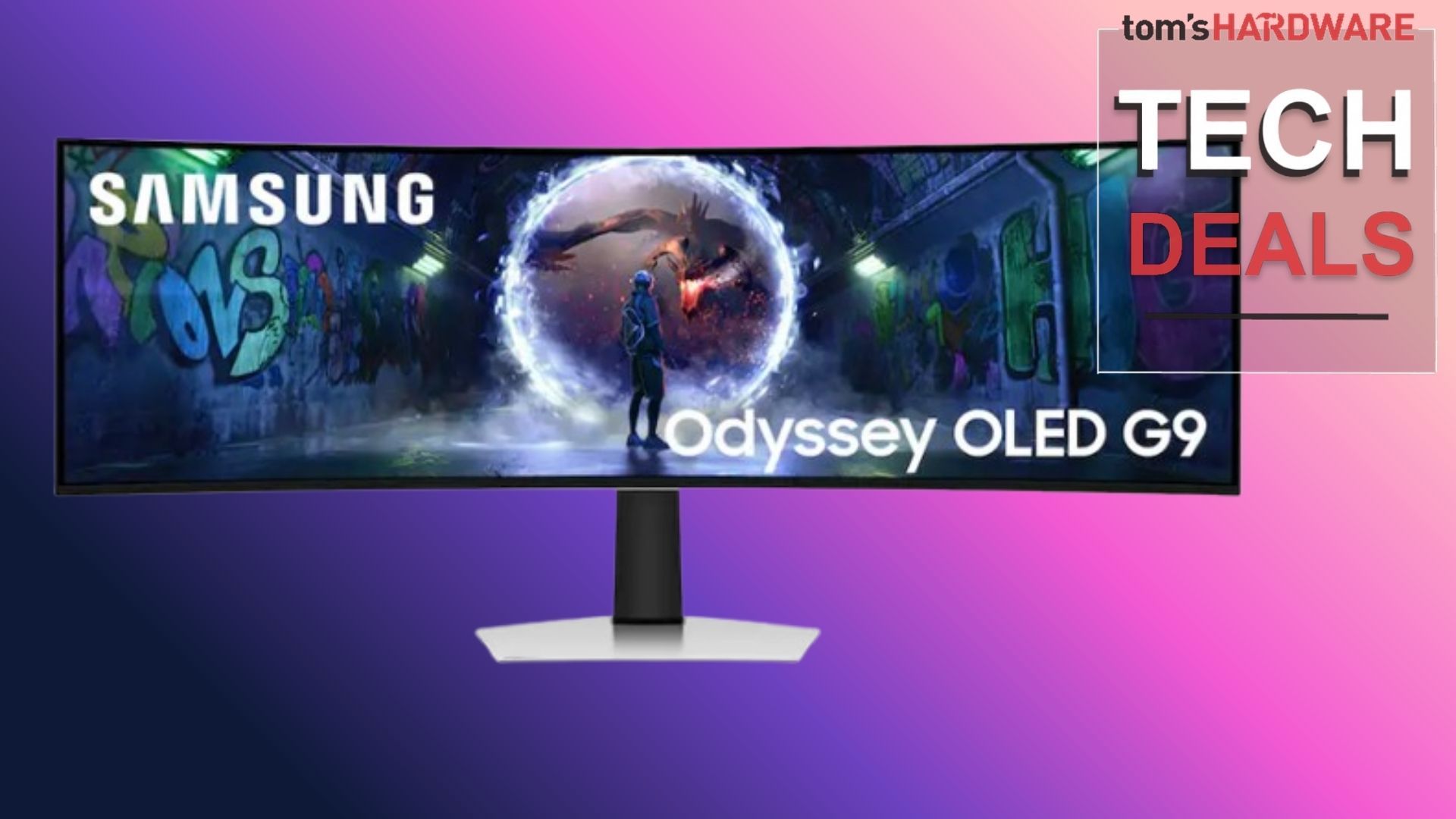 Side-by-side comparison of the 49-inch Samsung Odyssey OLED G9 monitor showing a vibrant gaming scene on one half and a split-screen productivity setup on the other.