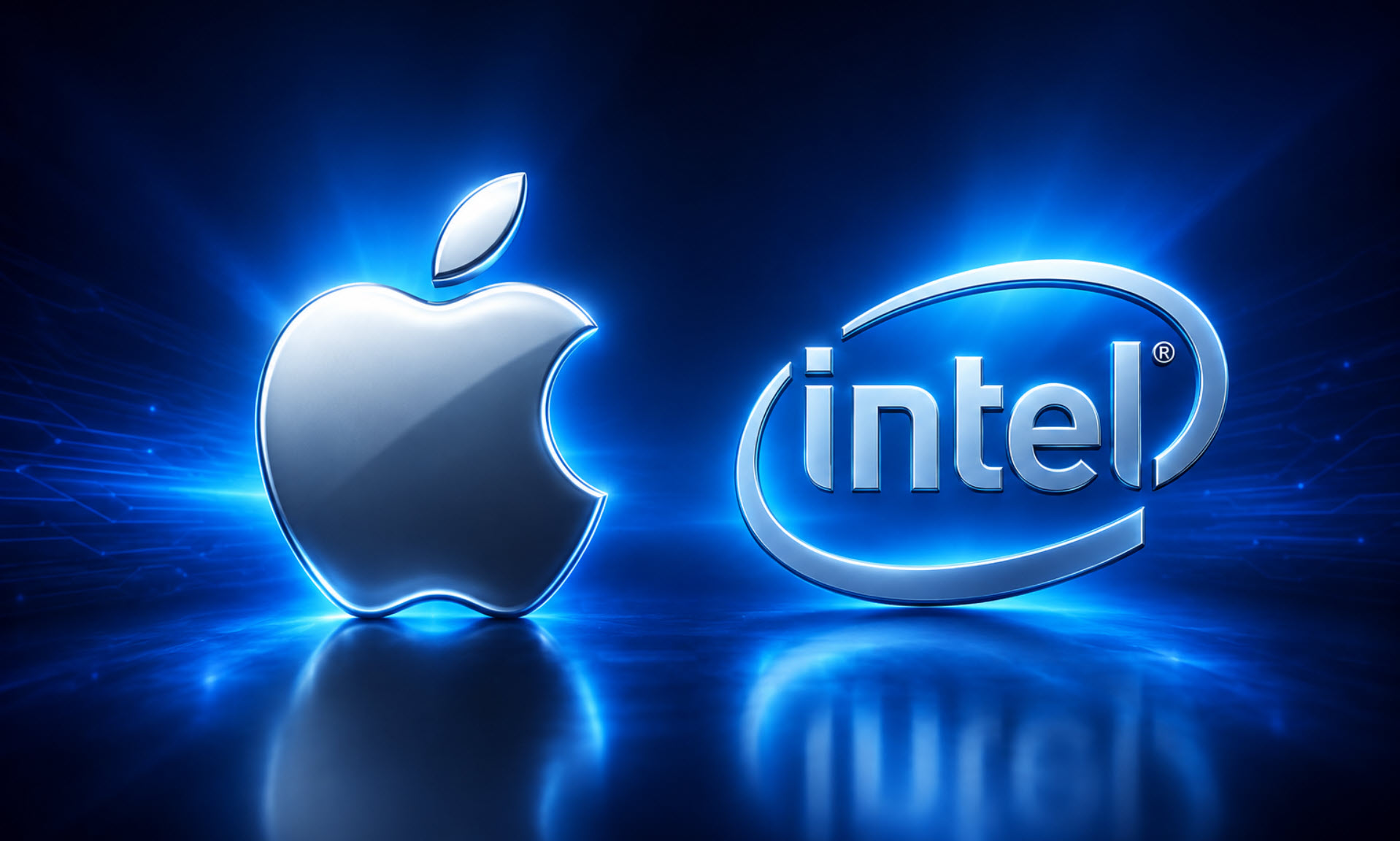 A split image showing the Apple logo and the Intel logo, symbolizing a strategic partnership.
