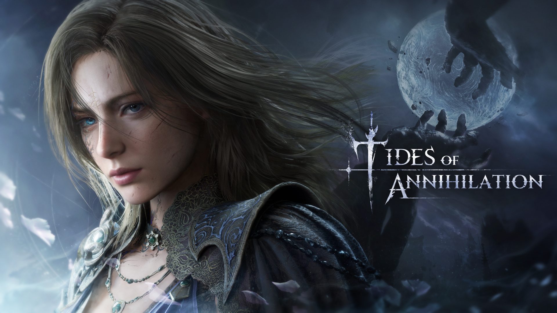 A colossal knight towering over a player character in Tides of Annihilation.
