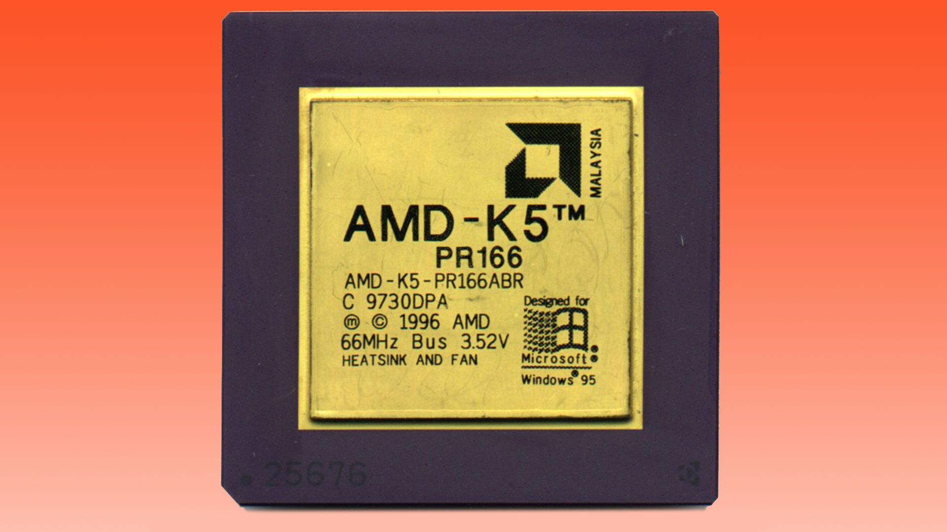 Close-up of an AMD K5 processor chip, showcasing its complex circuitry.