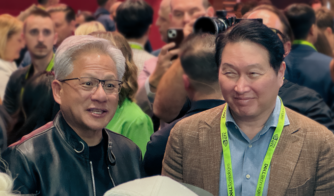 SK Chairman Chey Tae-won and NVIDIA CEO Jensen Huang at SK hynix booth during GTC 2026