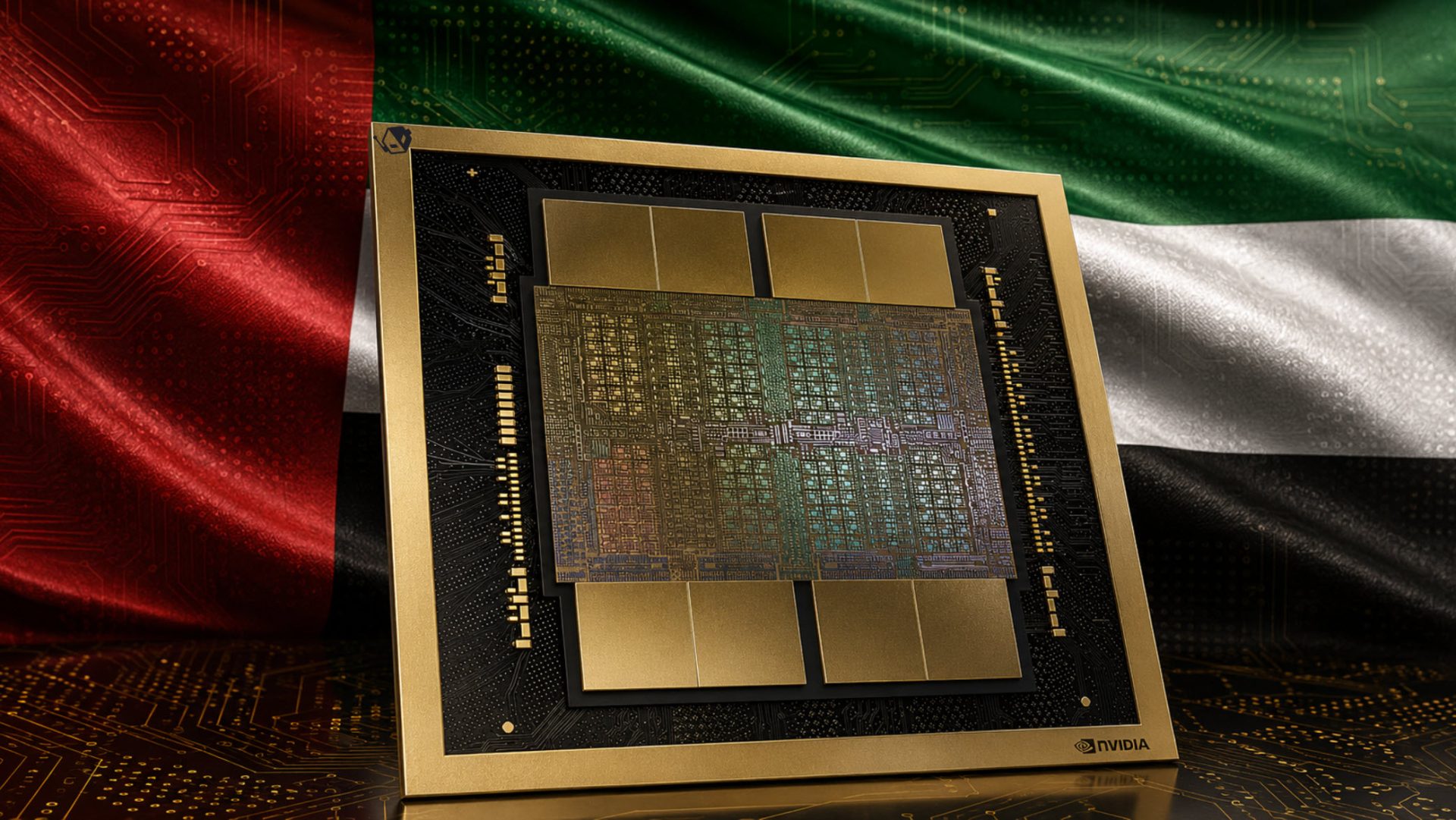 Close-up of a complex semiconductor substrate with complex conductive pathways, representing the foundation for AI chips.