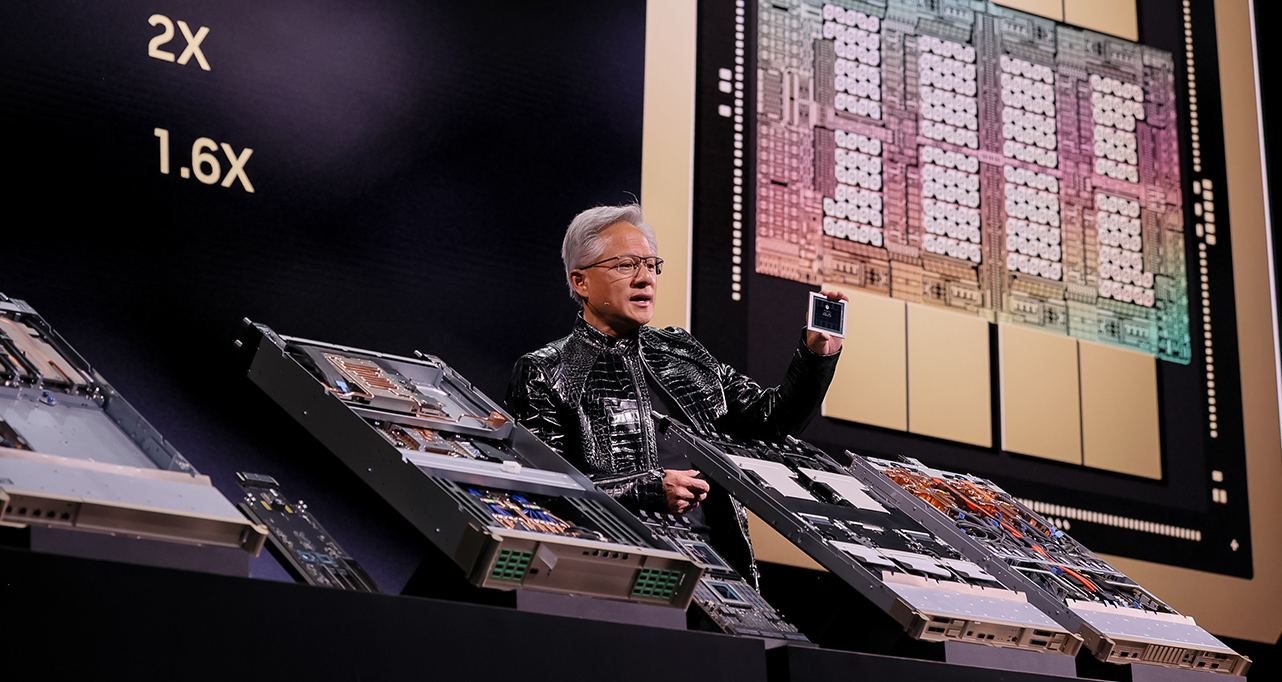 Close-up shot of a high-performance NVIDIA GPU chip with complex circuitry.
