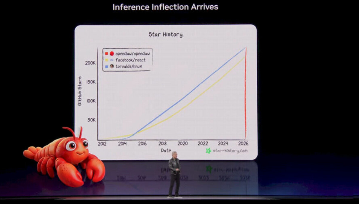 Jensen Huang on stage at GTC 2026 announcing OpenClaw as AI's next frontier