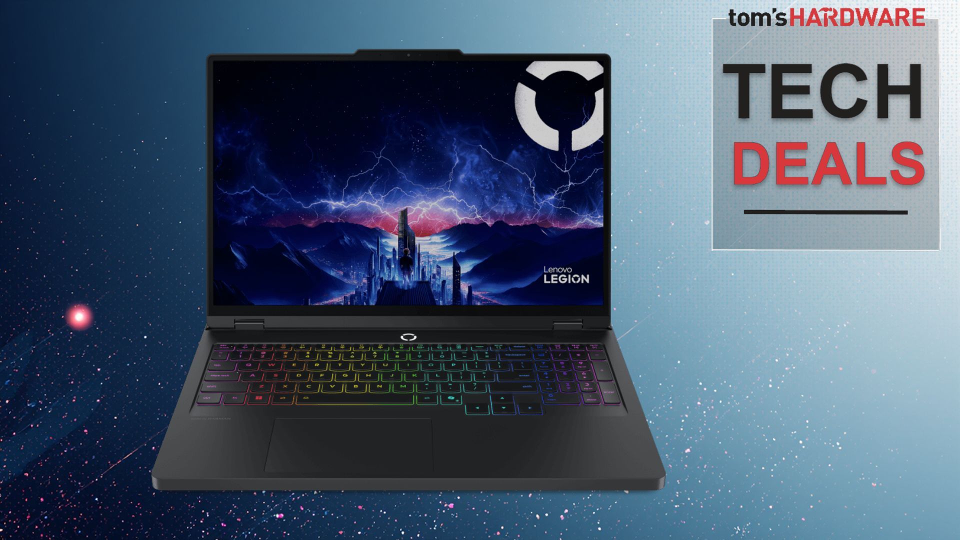 A Lenovo Legion Pro gaming laptop with an illuminated keyboard and screen displaying a vibrant game.