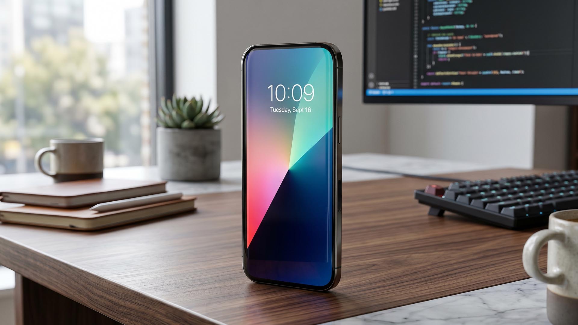 Conceptual image of a futuristic iPhone with a curved display and minimal bezels.