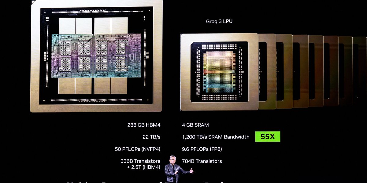 Jensen Huang unveiling Nvidia Groq 3 LPU on stage at GTC with inference architecture diagram