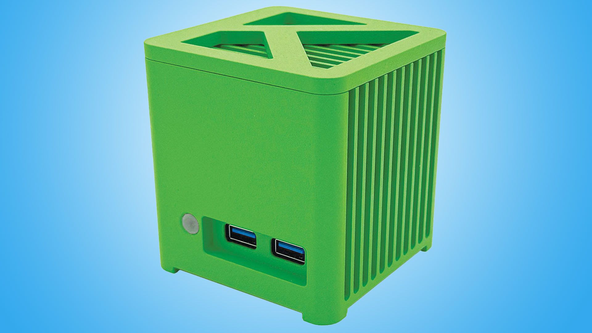 A vibrant collection of three-inch Kubb Mini PCs in red, orange, green, and blue, showcasing their compact cube design.