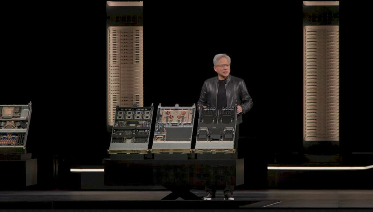 Jensen Huang presenting Nvidia AI roadmap slide at GTC 2026 keynote