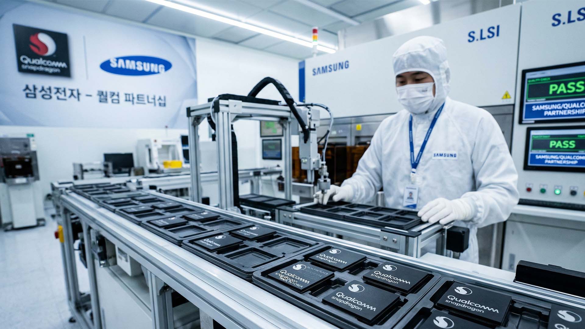 Close-up of semiconductor wafer in Samsung 2nm GAA fabrication cleanroom