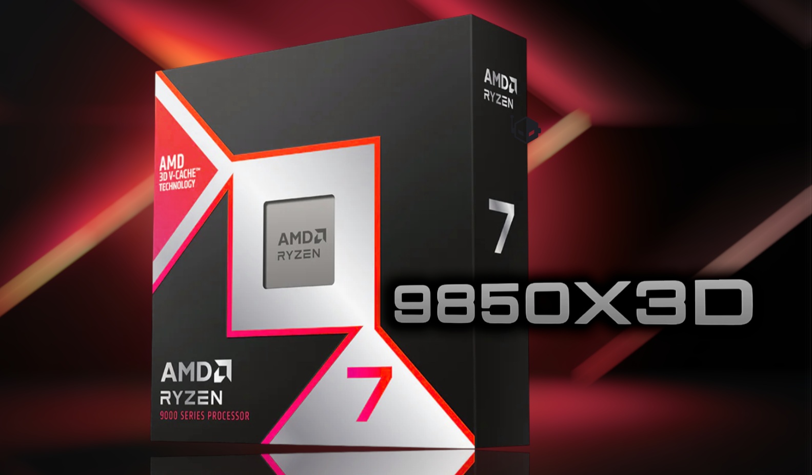 AMD Ryzen 7 9850X3D processor with a graphic showing a price drop.