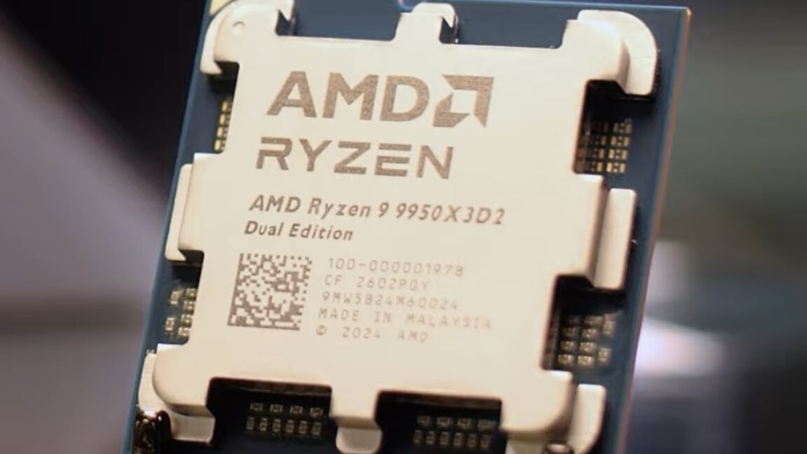 Close-up of AMD Ryzen 9 9950X3D2 Dual Edition CPU with massive stacked 3D V-Cache layers visible