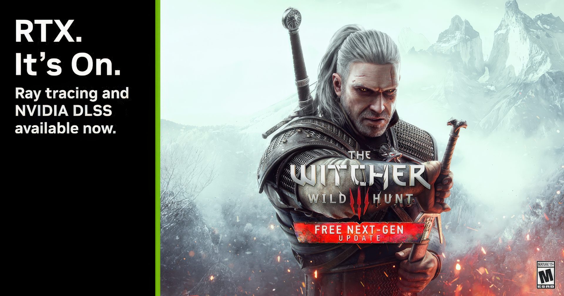 Screenshot of The Witcher 3 with visible UI elements and character models showcasing graphical enhancements.