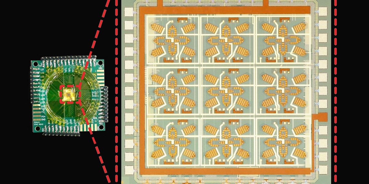 Array of nested shape-memory microcages on ETH Zurich CMOS lab-on-a-chip, curled to grip biological samples