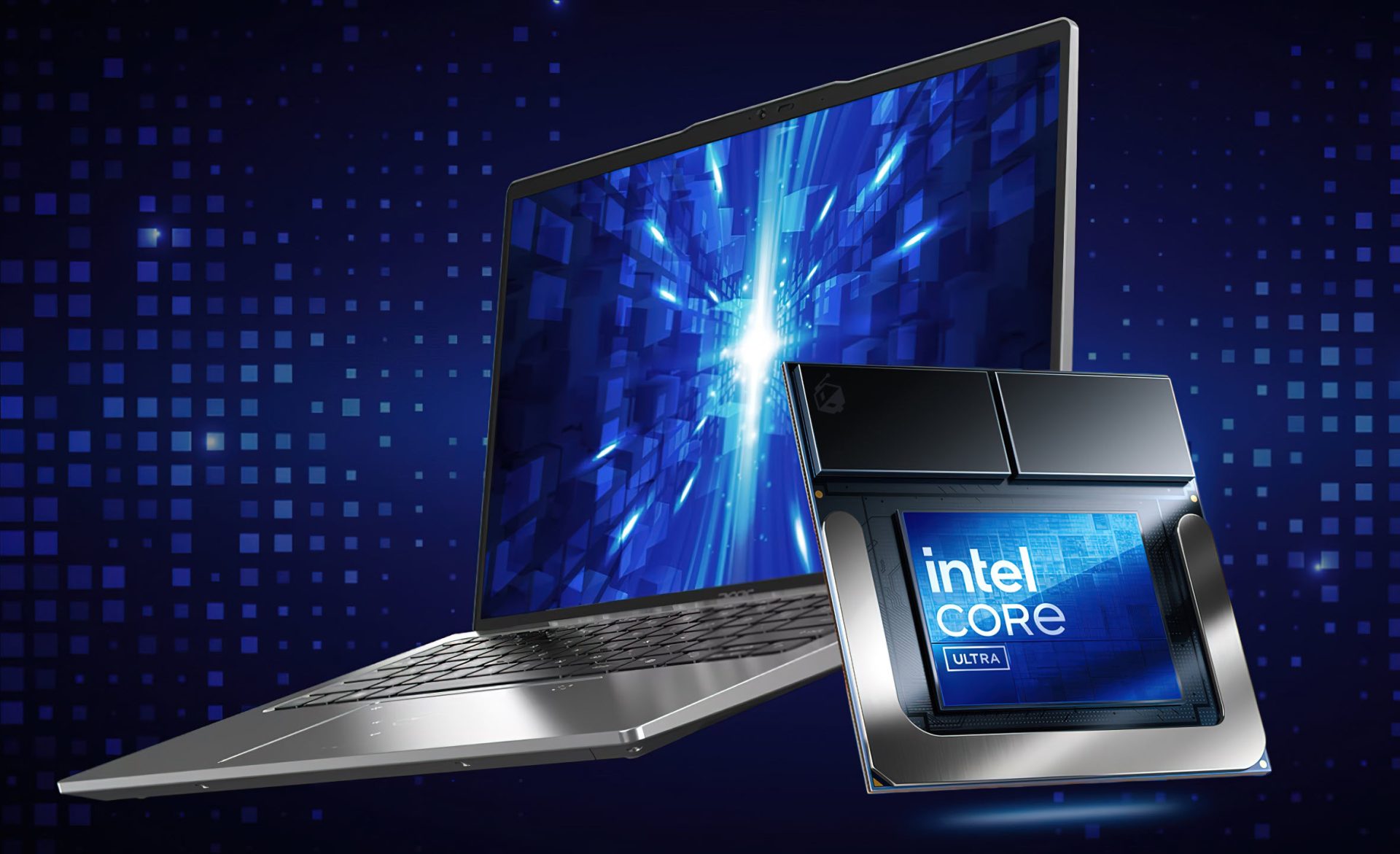 A collage of Intel Lunar Lake and Wildcat Lake laptop models with price tags showing $600, set against a backdrop of a Chinese cityscape.
