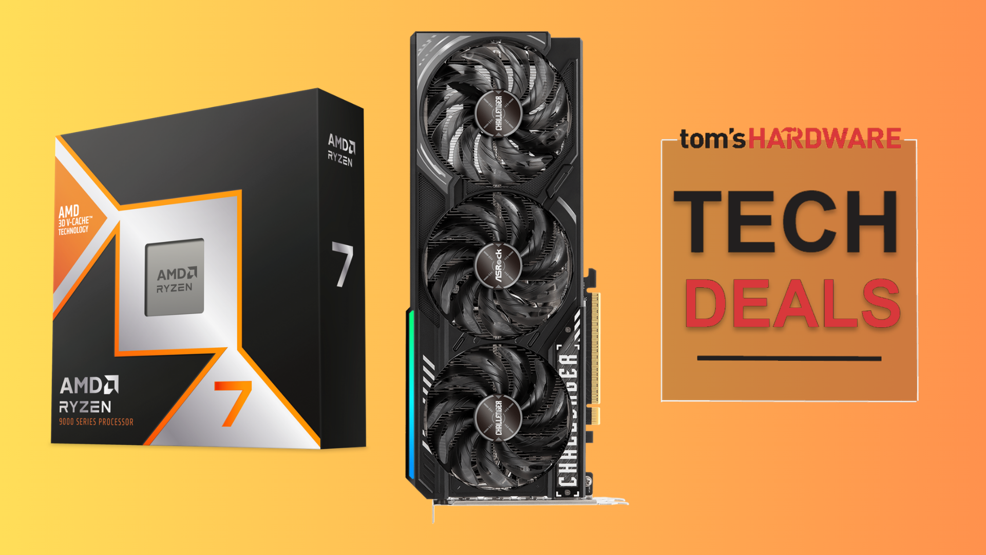 A close-up shot of the AMD Ryzen 9850X3D processor and the AMD Radeon RX 9070 XT graphics card.