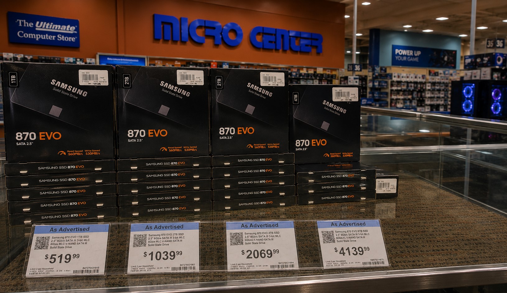 A photograph of a Samsung 870 EVO SATA SSD with a ridiculously high price tag displayed.