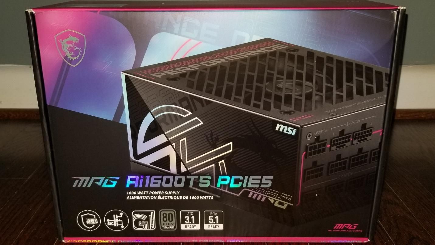 MSI MPG Ai1600TS power supply unit with a 12V-2x6 connector visible