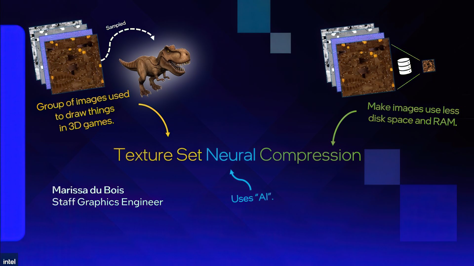 Intel engineer presenting TSNC neural texture compression demo on stage at GDC 2026
