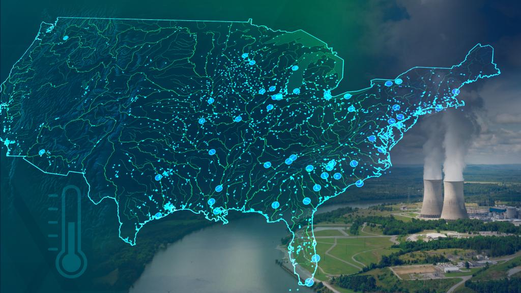 A graphic illustration of a river flowing through a landscape, with data points and AI nodes overlaid.