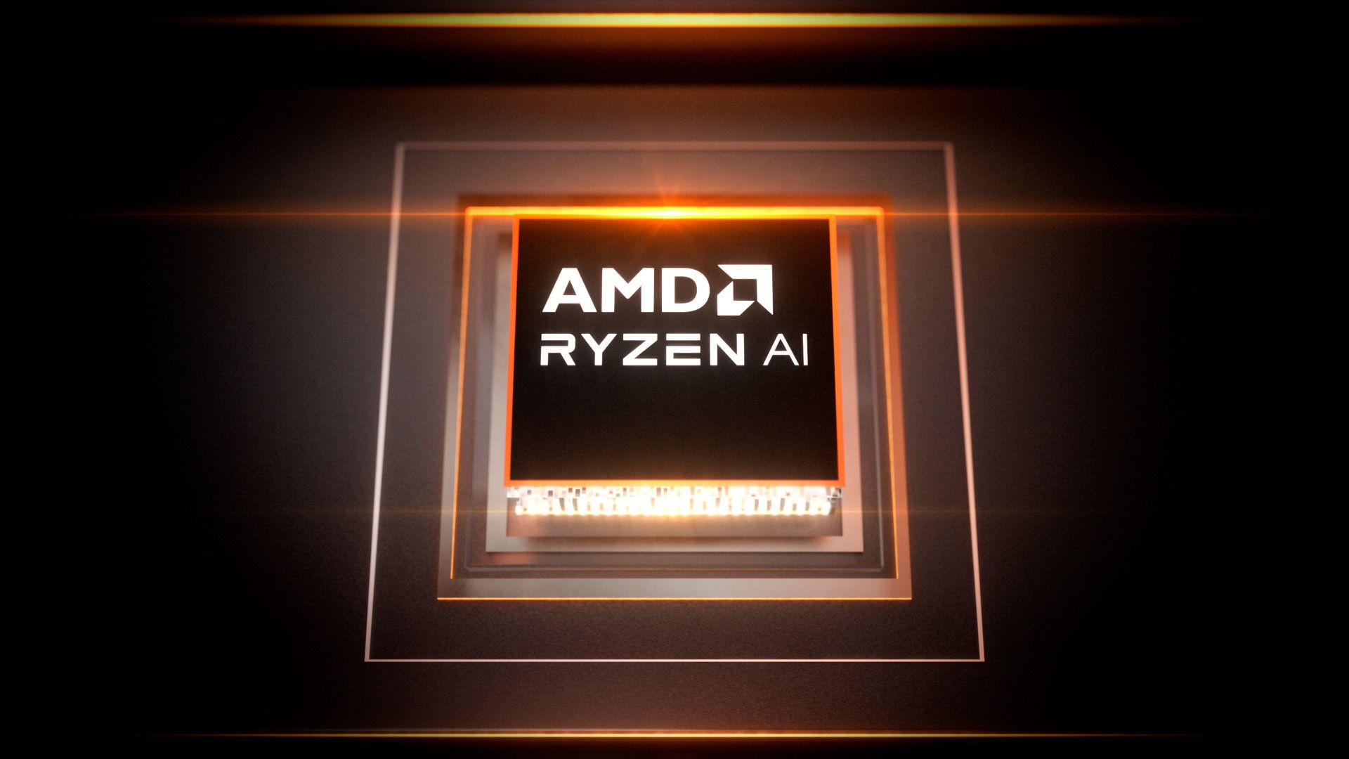 A close-up image of an AMD Ryzen AI processor chip with its complex circuitry visible.