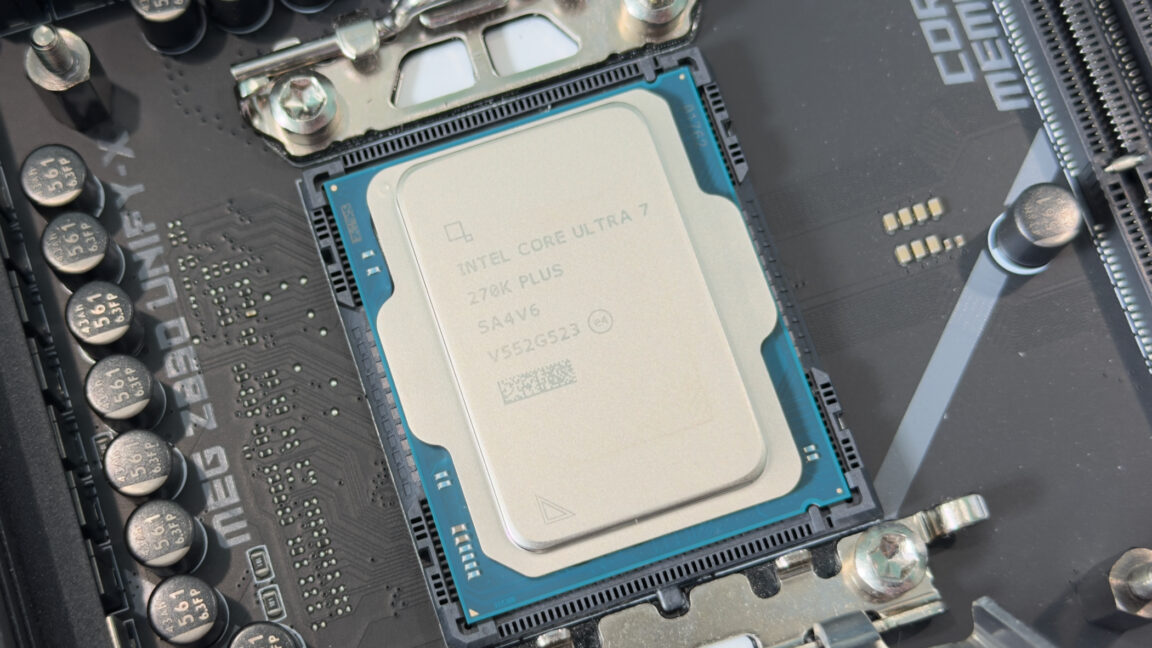 Intel Core Ultra 270K and 250K Plus CPUs undergoing benchmark tests on a cooling rig