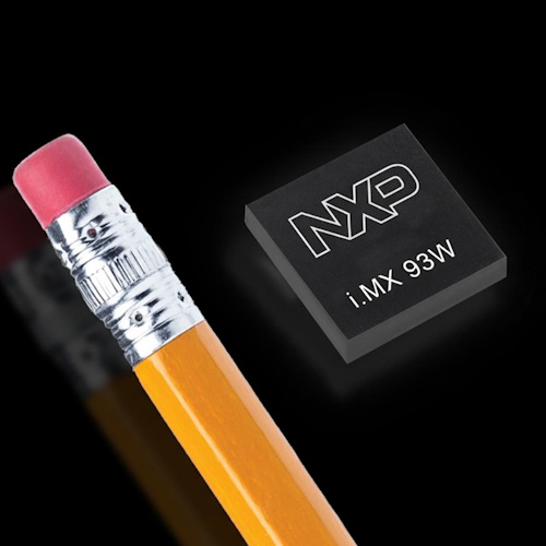 A yellow No. 2 pencil resting next to a small, dark semiconductor chip (NXP i.MX 93W) on a white surface.