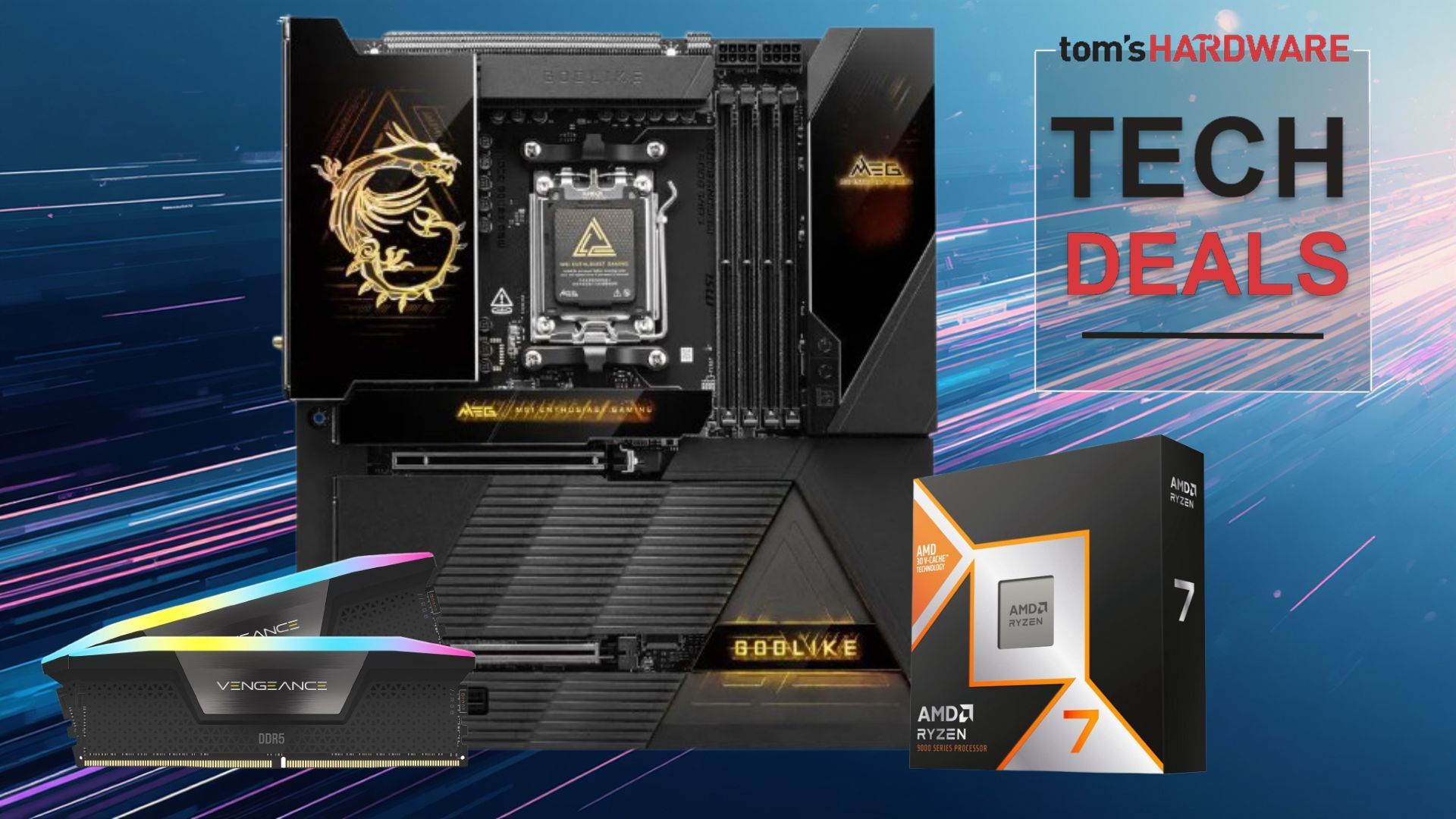 Newegg bundle box with MSI X870E Godlike motherboard, Corsair Vengeance 32GB DDR5 RAM, and AMD Ryzen 7 9800X3D CPU
