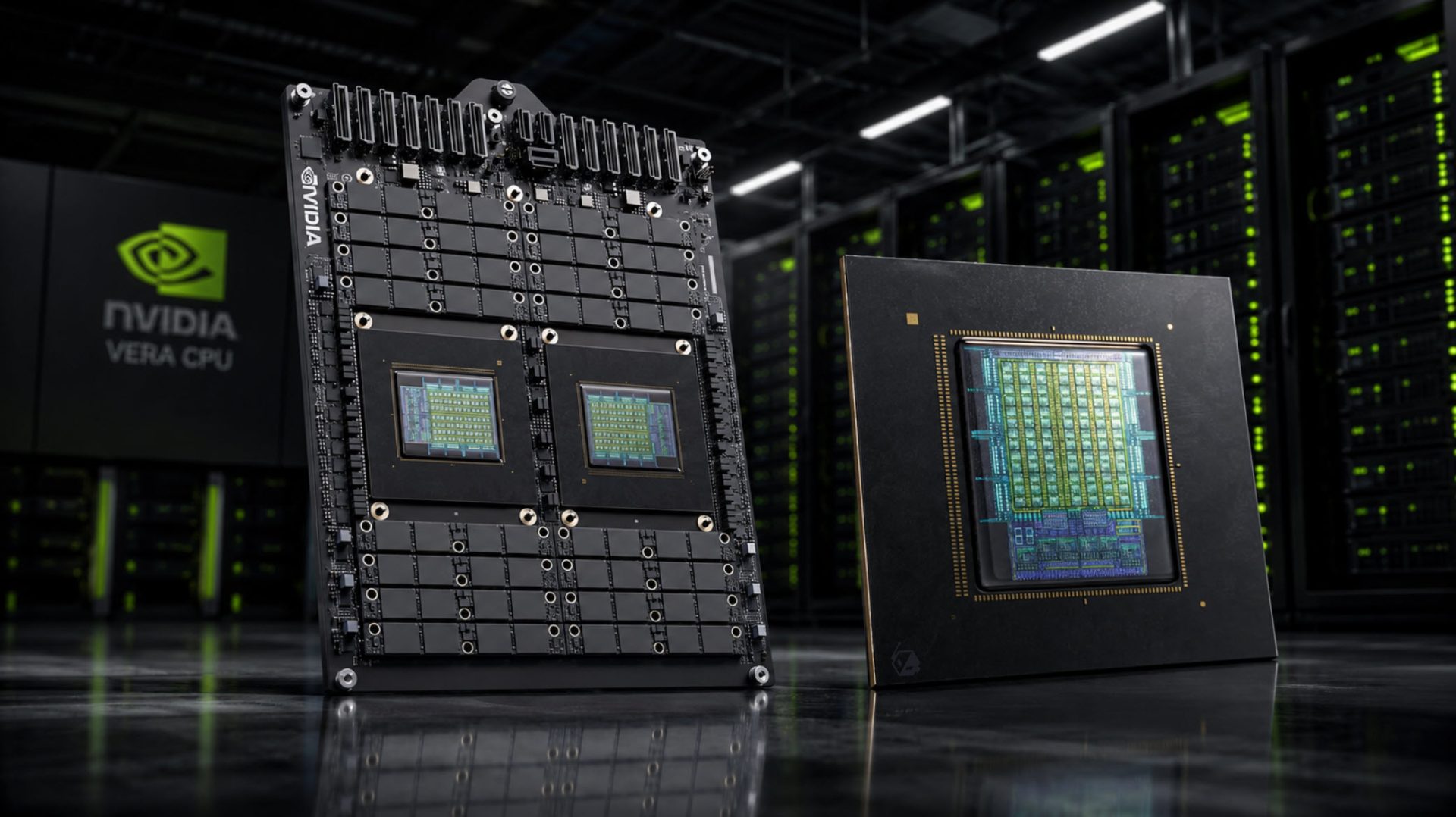 Close-up shot of a complex NVIDIA CPU chip with complex golden circuitry, highlighting its advanced design.