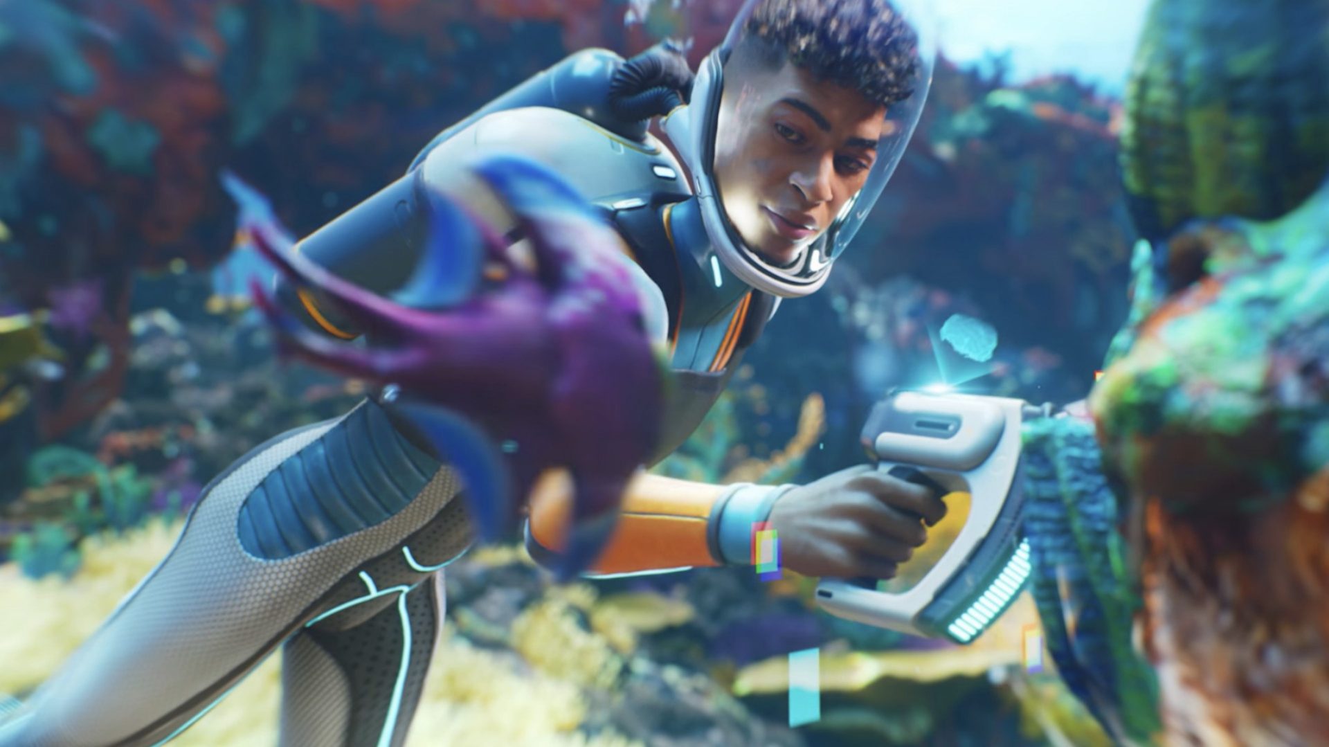 A player character in Subnautica 2 discovering a glowing vein of silver ore in an underwater cave.