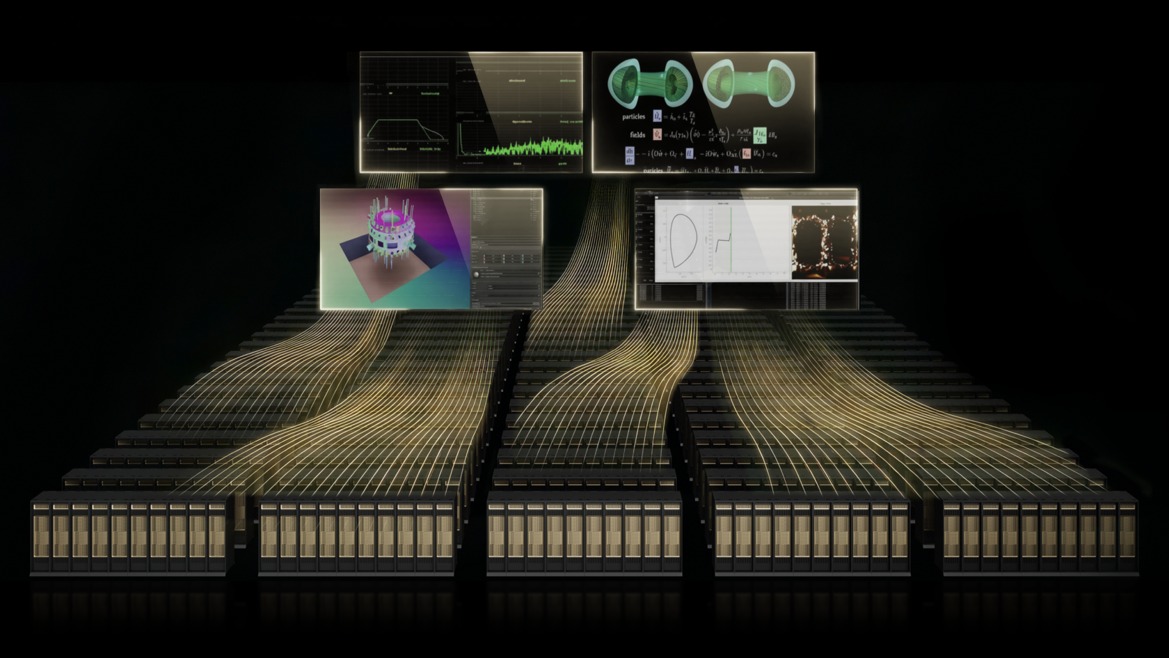 Conceptual illustration of interconnected servers and data streams representing an AI factory producing digital intelligence.