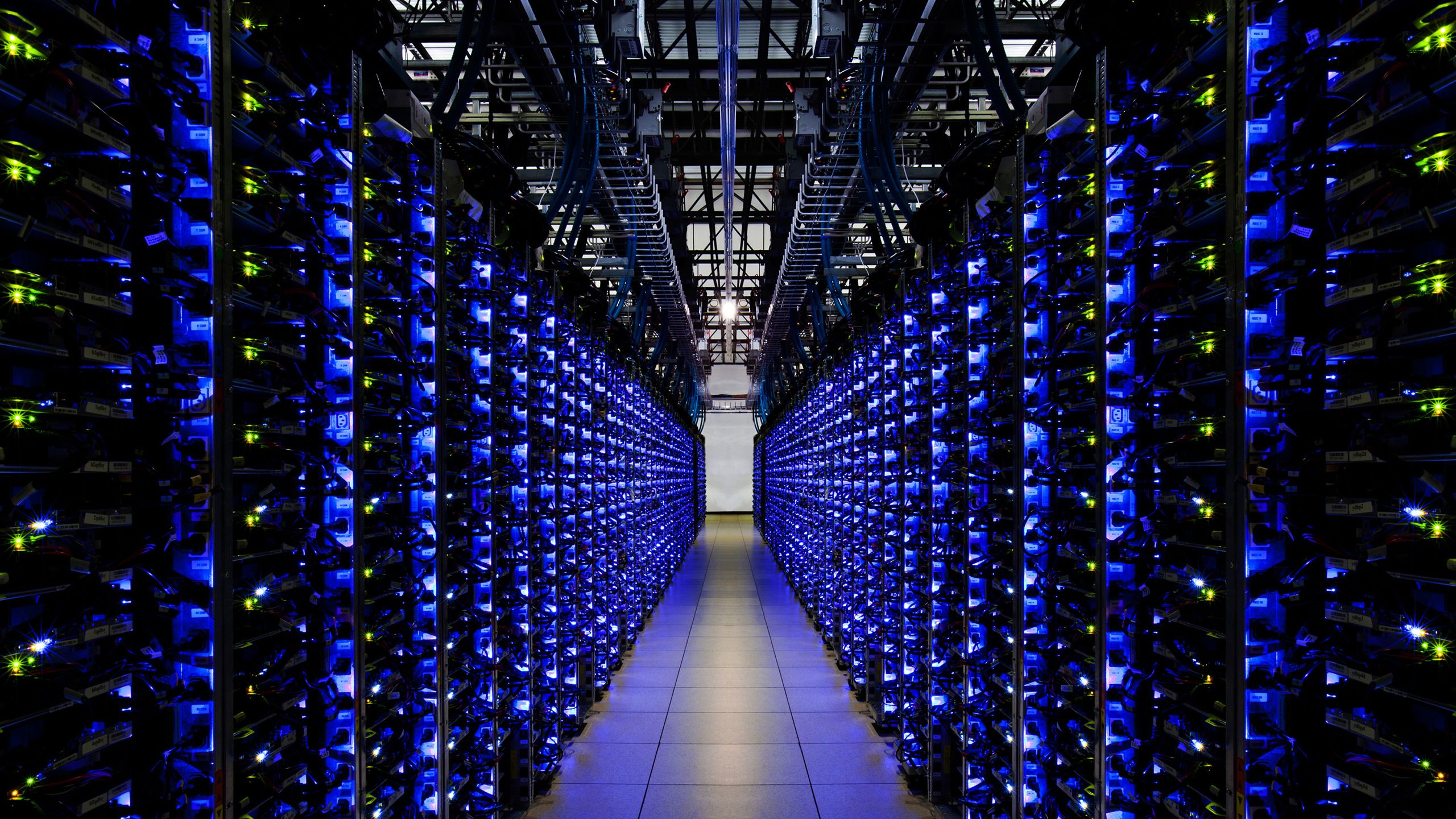Illustration of a vast server room filled with interconnected computing units.