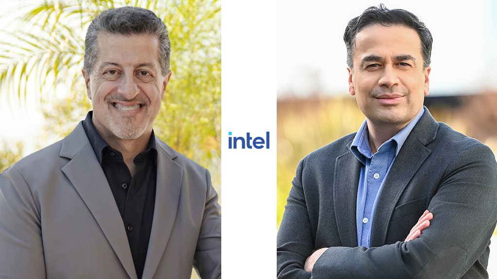 Intel logo against a backdrop of abstract digital circuits and AI-themed graphics.