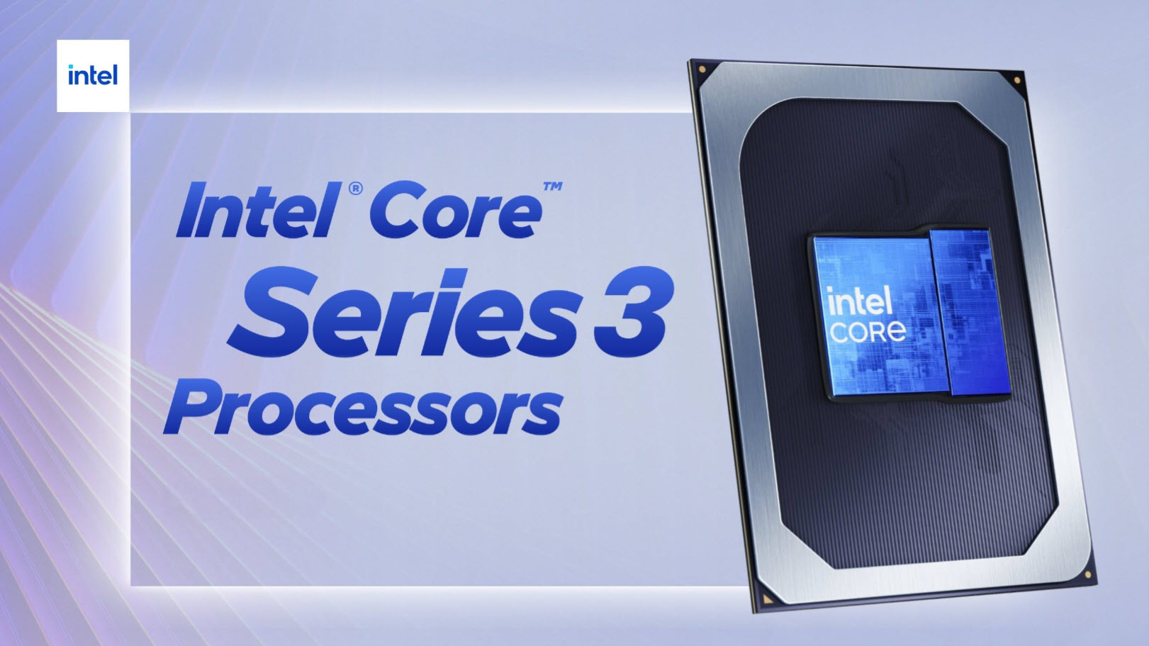 Intel Core Series 3 processor logo on a laptop circuit board background