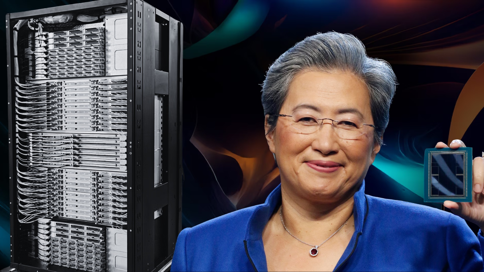AMD logo superimposed over a blurred image of server racks in a data center.