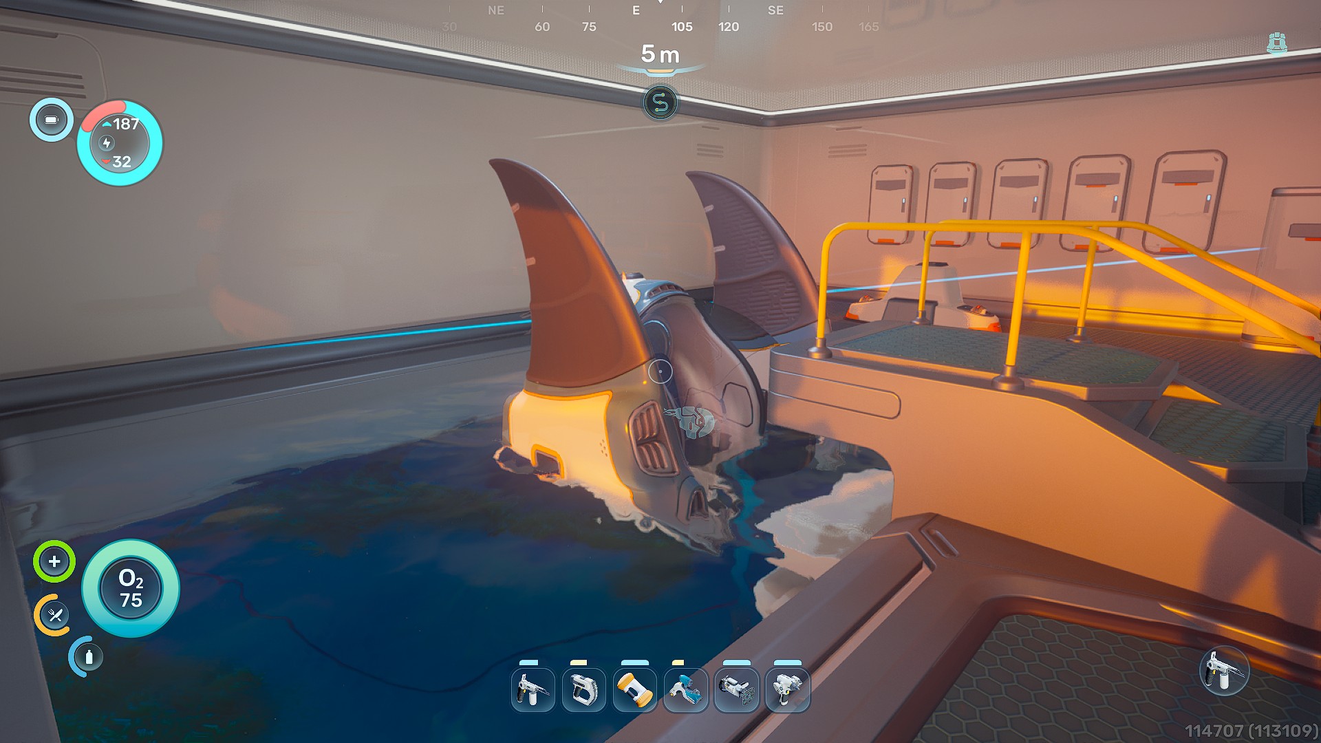 Underwater view of a player character swimming near a crashed vehicle in Subnautica 2.